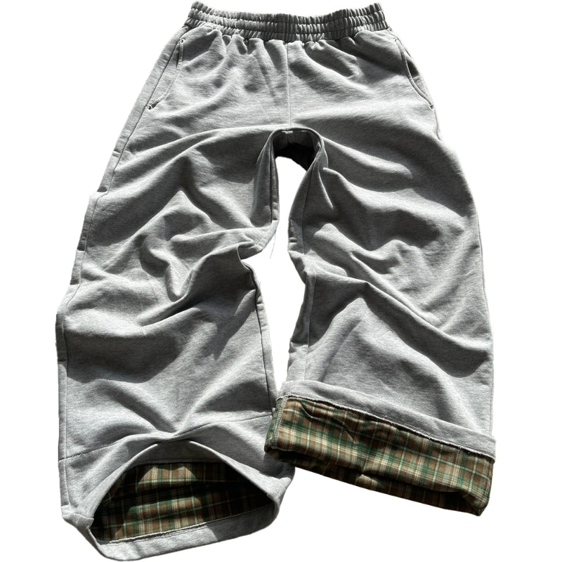 Plaid Lined Wide Length Drawstring Sweatpants With Side Pockets
