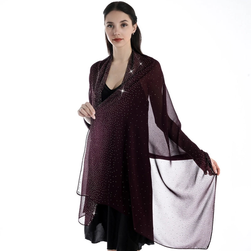 Hot New Pure Color Chiffon Starry Sky Hot Rhinestone Exquisite Elegant Dinner Style Extended Version High-end Women's Shawl