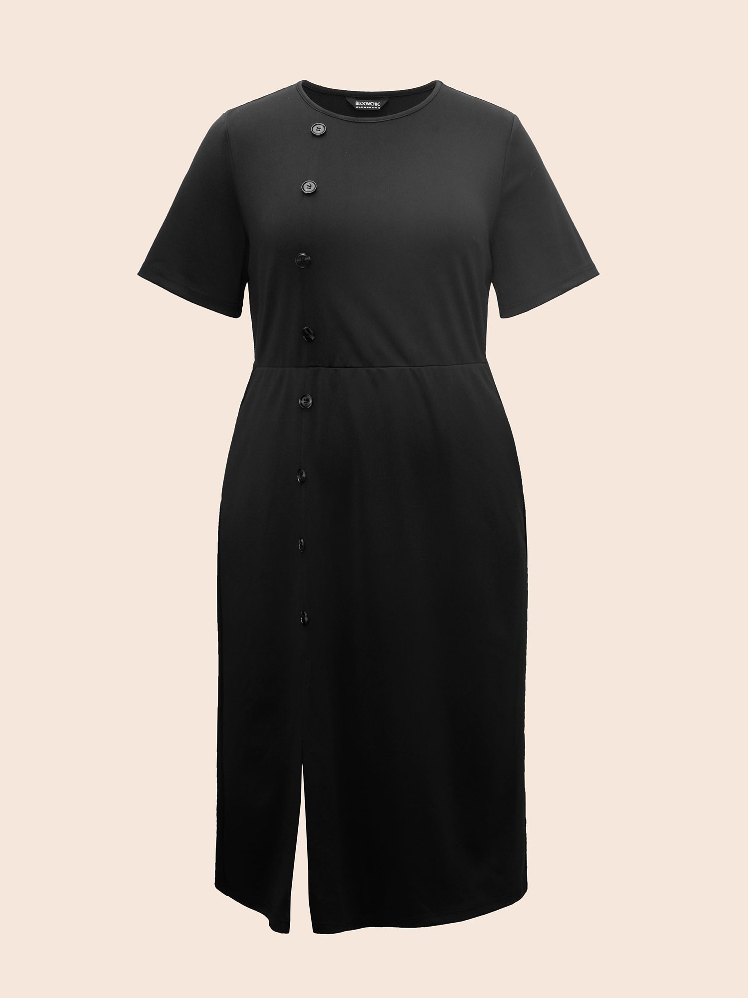 Round Neck Button Detail Split Hem Dress