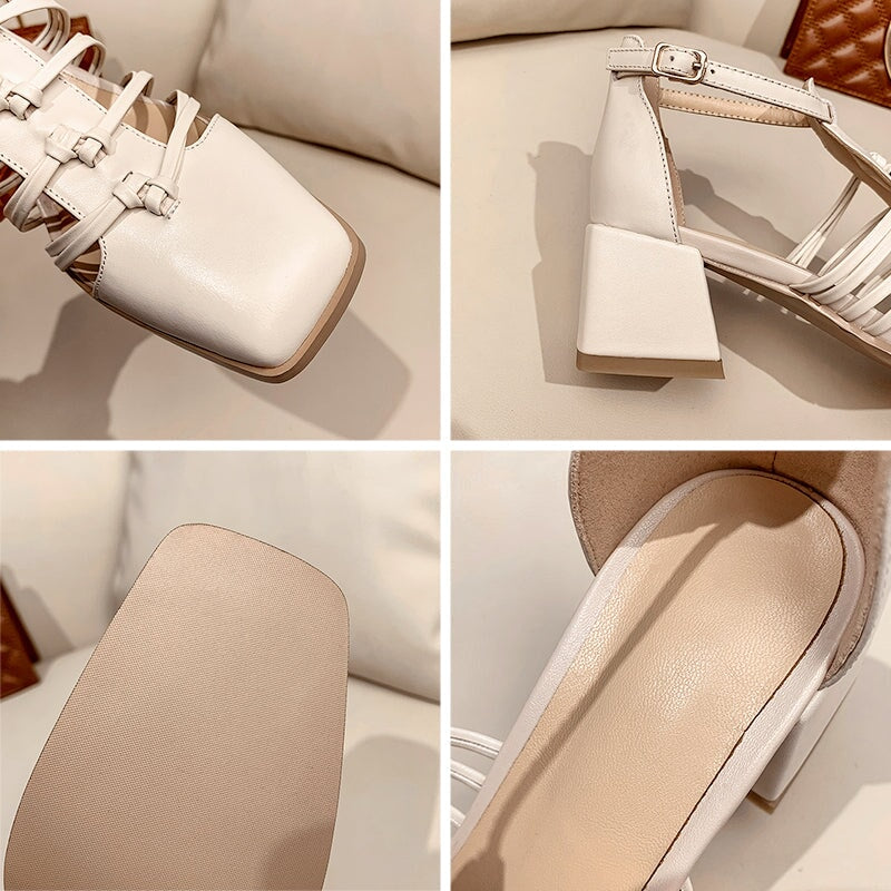 Casual Woven Strappy T-Strap Block Heel Cow Leather Sandals in Brown/Black/Beige