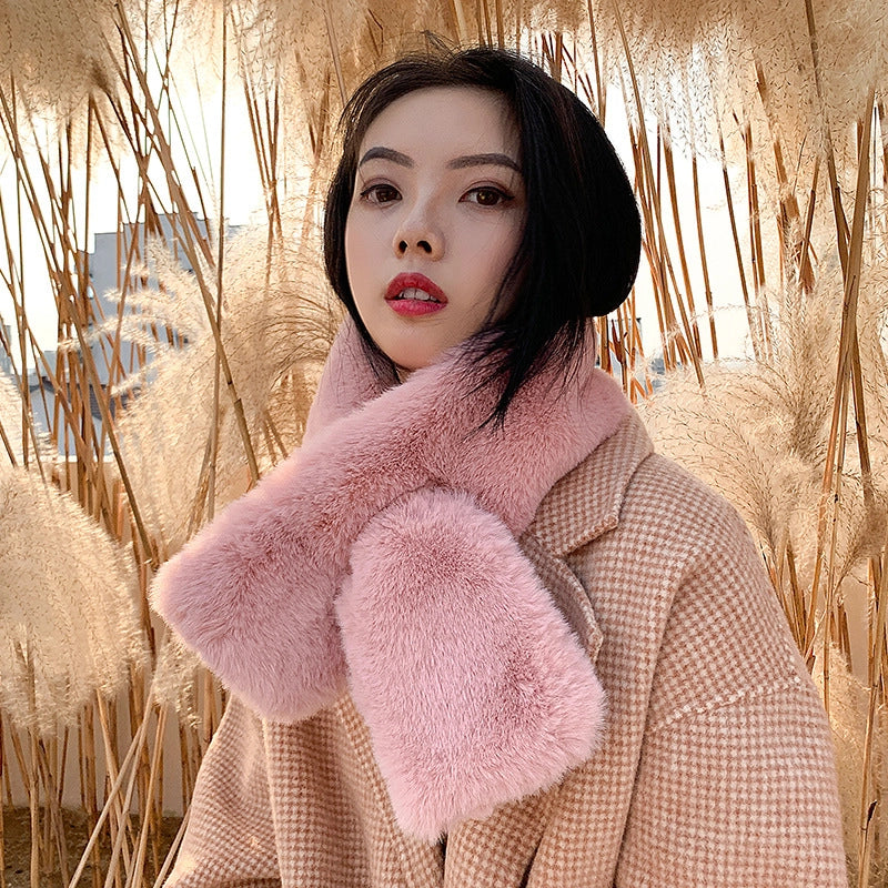 New Winter Faux Rex Rabbit Fur Scarf Women's Warm Anti-wind Necker Solid Color Cross Scarf Mao Scarf