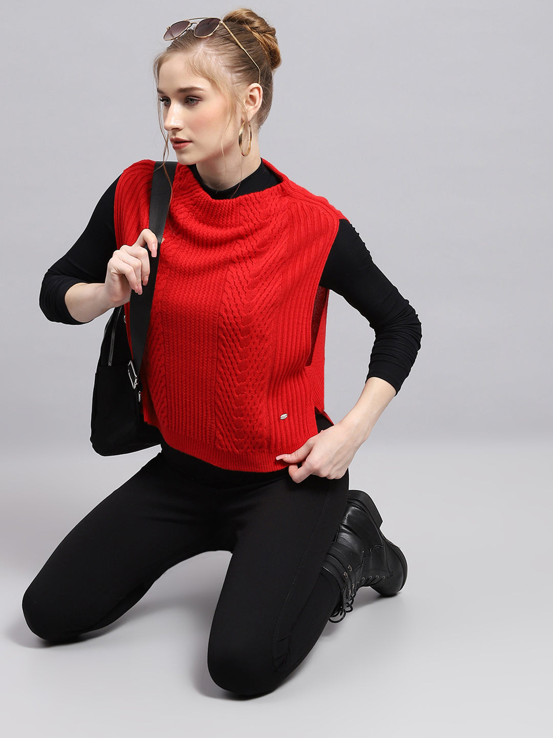 Women Red Self Design Round Neck Sleeveless Winter Tops