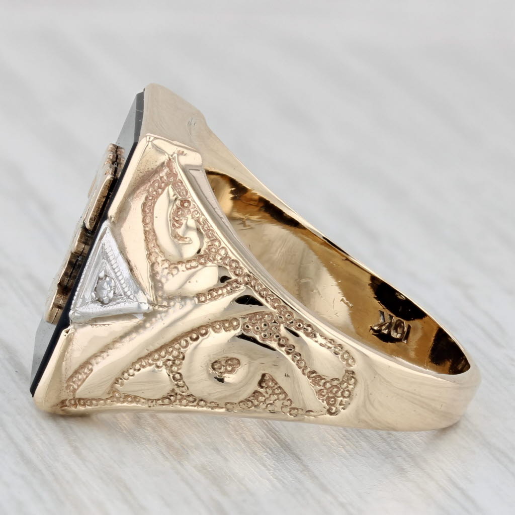 Letter Initial T Onyx Diamond Signet Ring 10k Yellow Gold Ornate Men's Size 9.75