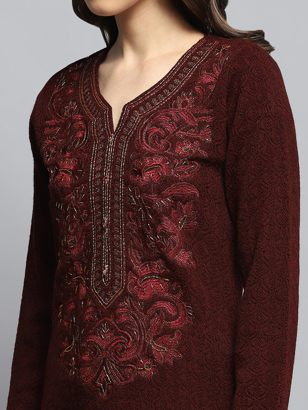 Women Maroon Self Design Round Neck Full Sleeve Kurti Set