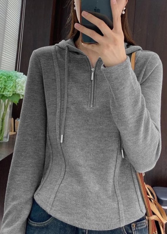 Women Grey Hooded Zippered Cotton T Shirt Spring