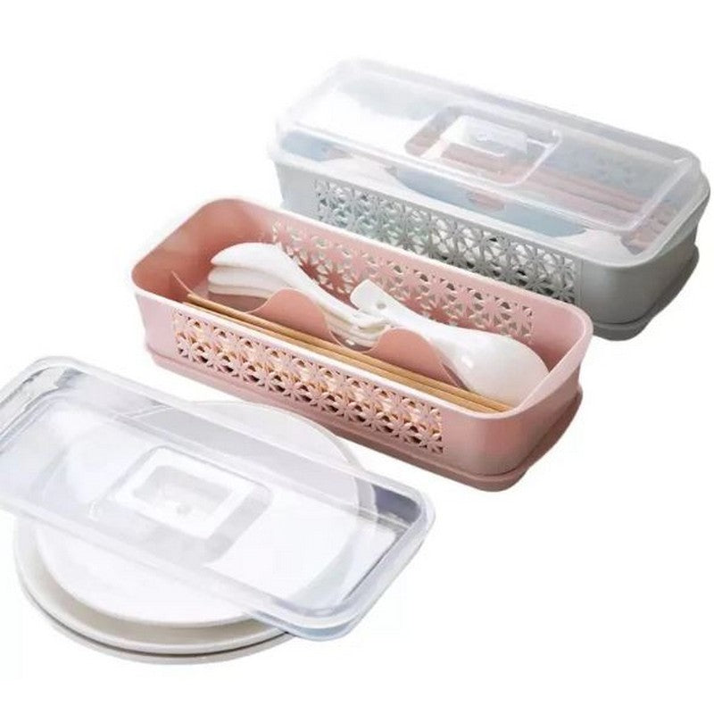 Double Layer Spoon Fork Chopsticks Storage Cover Box With Drainer - Spoon Knife Fork Box With Lid Draining Tray