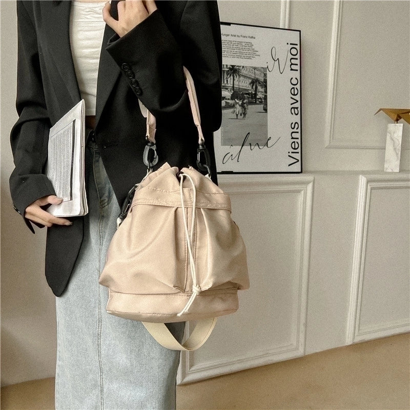 Women's Nylon Solid Color Classic Style Square String Shoulder Bag Bucket Bag