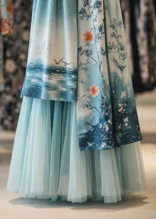 Chinese Style Blue Asymmetrical Print Tulle Patchwork Skirts Summer