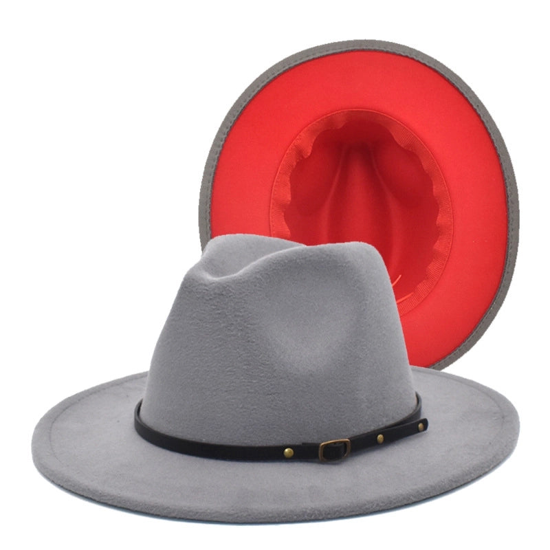 New Women's Woolen Top Hat Fashion Red And Black Color-matching Hat Women's Flat-brimmed Jazz Hat