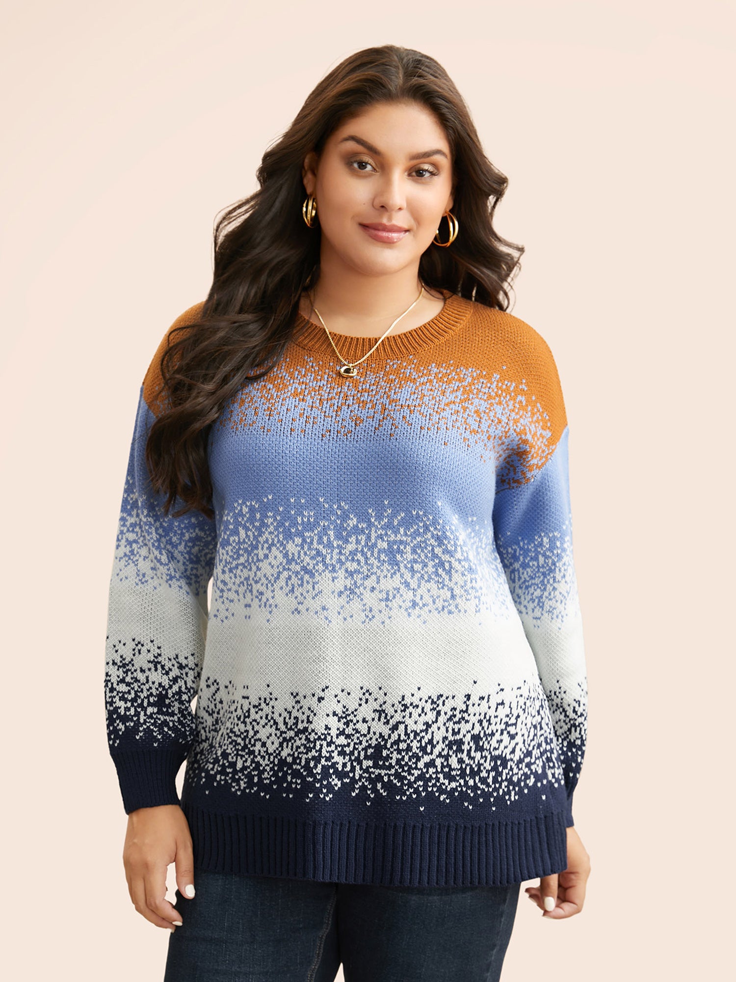 Gradient Dyeing Contrast Drop Shoulder Pullover