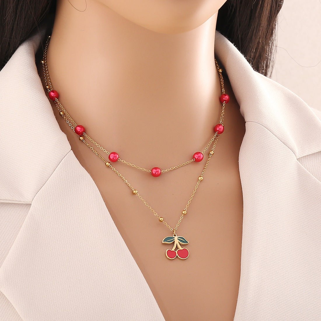 Cute Cherry Pendant Necklace Fashion Stainless Steel Double Chain
