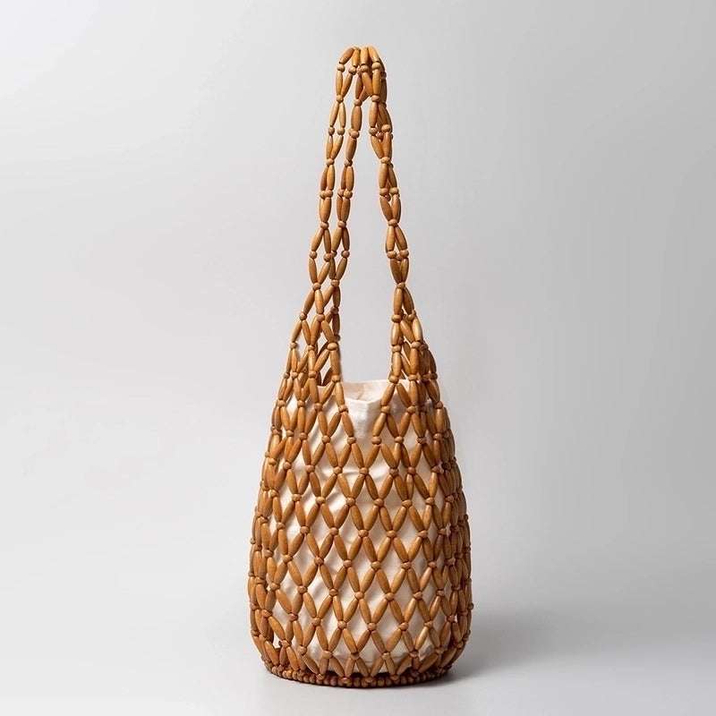 Women's Medium Wooden Beads Polyester Cotton Color Block Basic Vacation Open Straw Bag