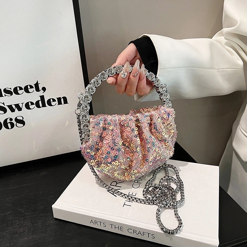 Pink Silver Black Pu Leather Solid Color Sequins Shell Evening Bags