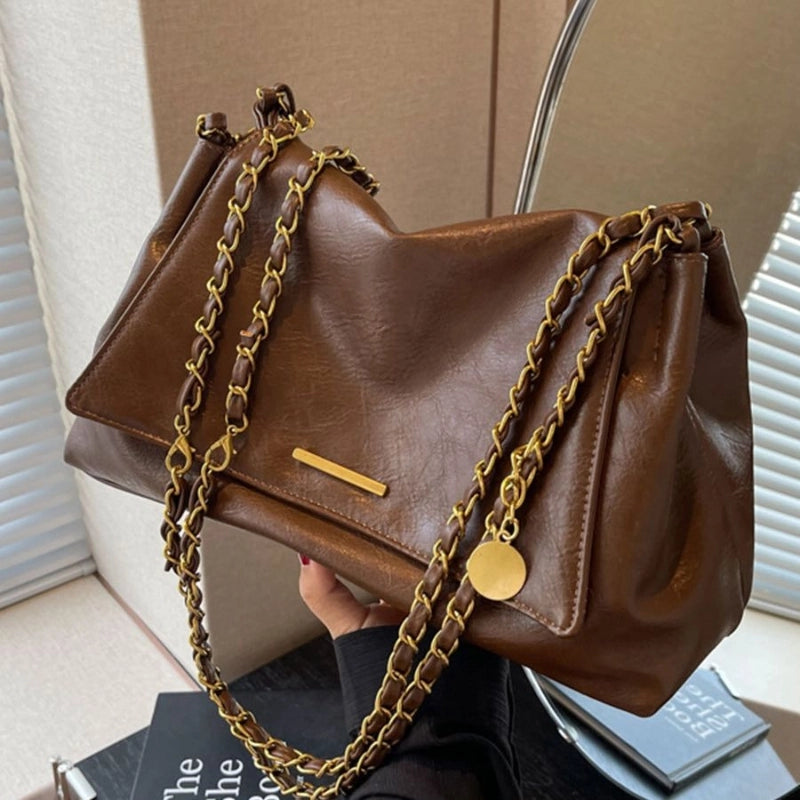 Women's Large Pu Leather Solid Color Streetwear Square Magnetic Buckle Shoulder Bag