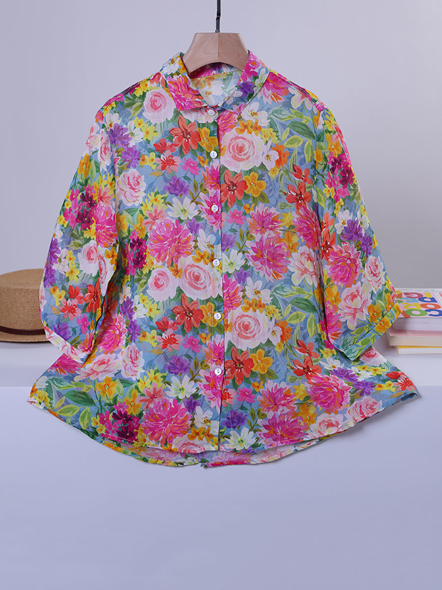 Women Summer Artsy Flower Turn-down Collar 100%Linen Shirt