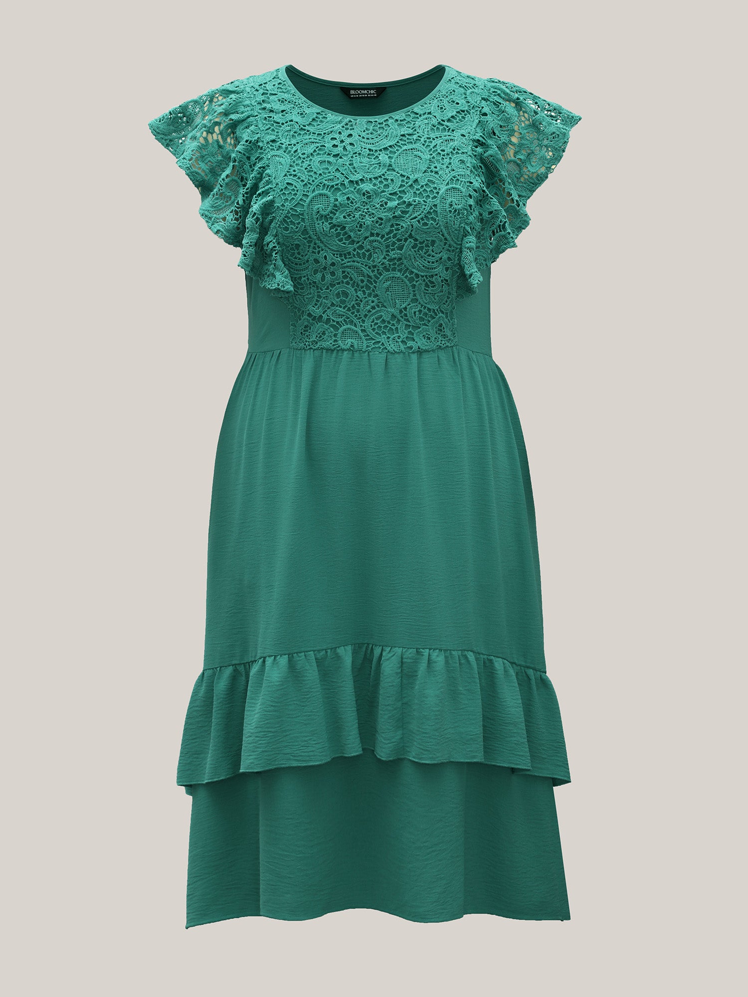 Lace Pleated Ruffled Sleeve Midi Dress