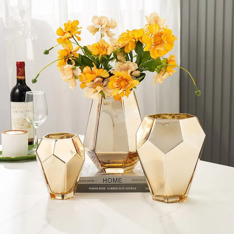 Nordic luxury living room modern home decoration golden glass vase wine cabinet decoration glass gold vases