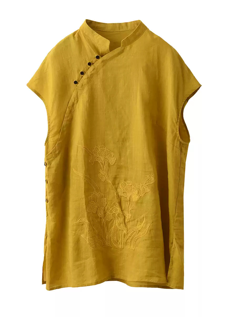 Women Summer Ethnic Flower Embroidery 100%Raime Shirt