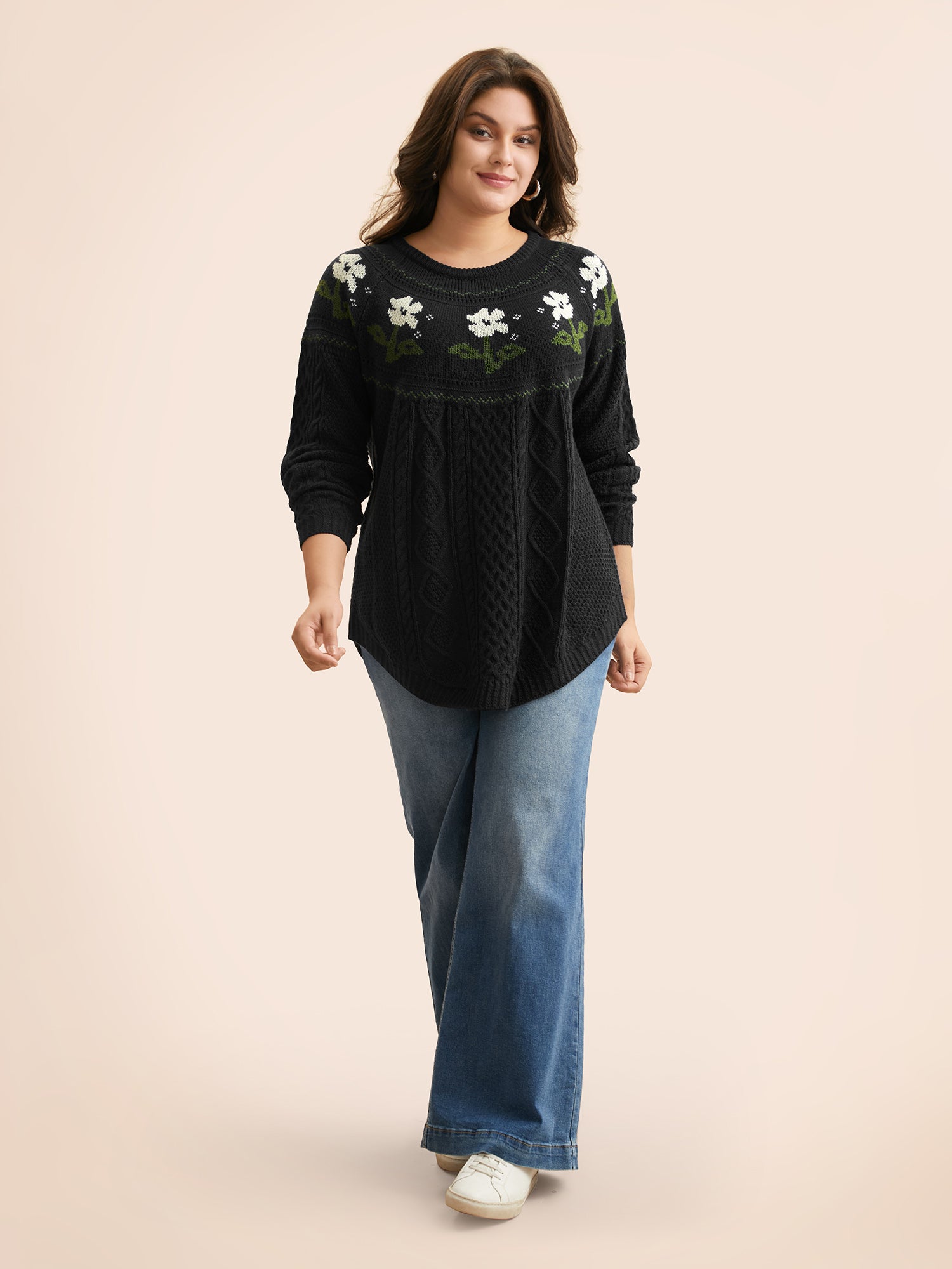 Floral Jacquard Raglan Sleeve Pullover