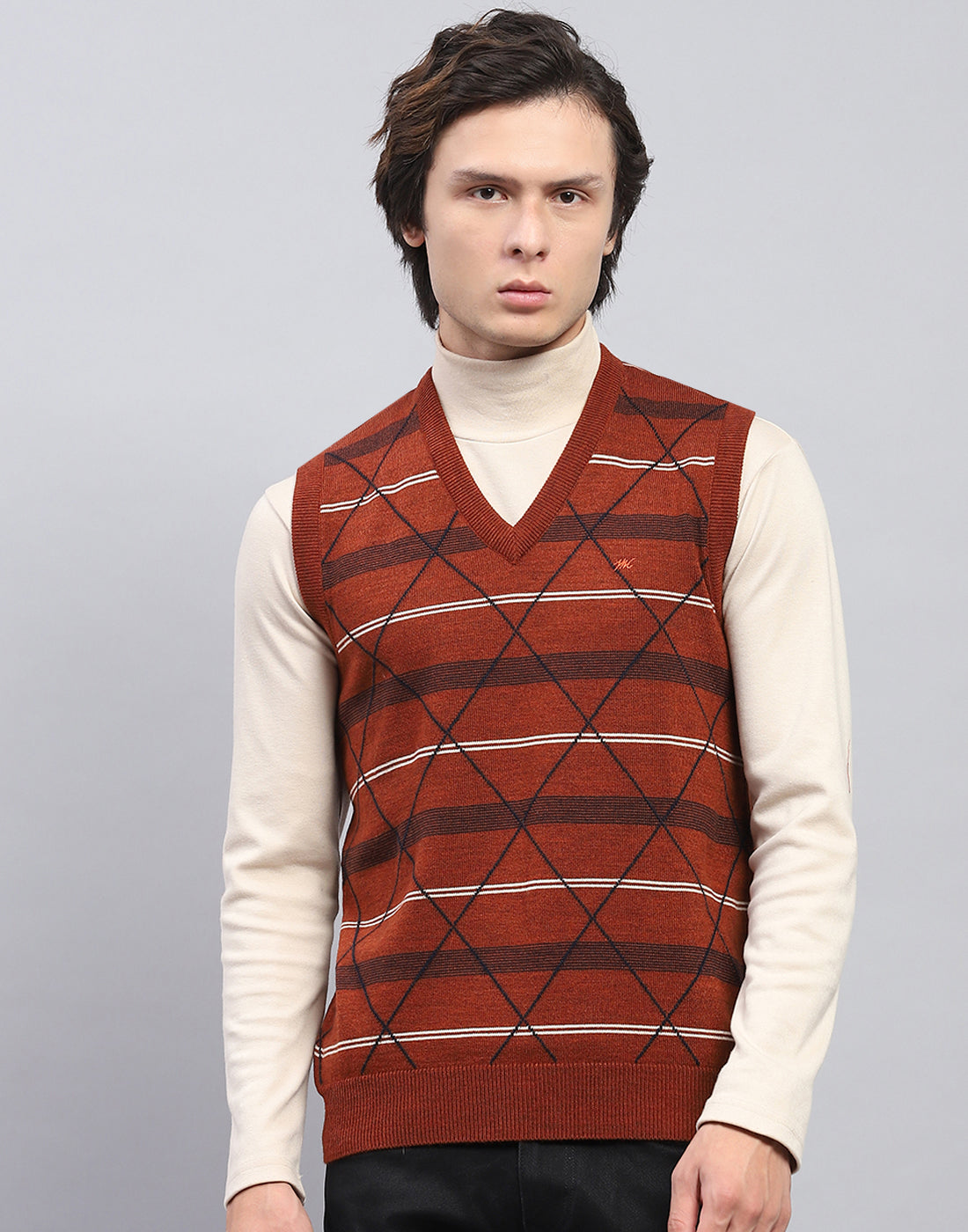 Men Rust Self Design V Neck Sleeveless Sweater