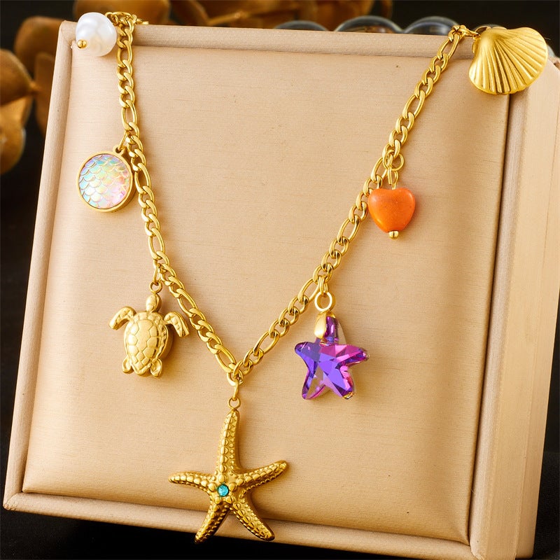Fashionable Colorful Fish Scale Design Marine Animal Starfish Diamond Turtle Shell Pendant Stainless Steel Necklace