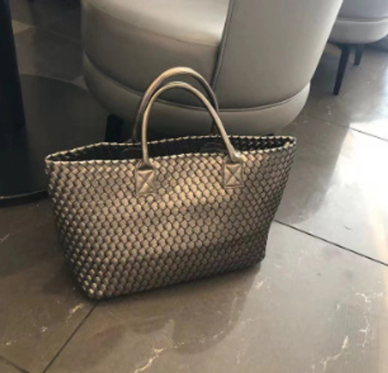 Women's Large Pu Leather Solid Color Streetwear Weave Square Open Tote Bag