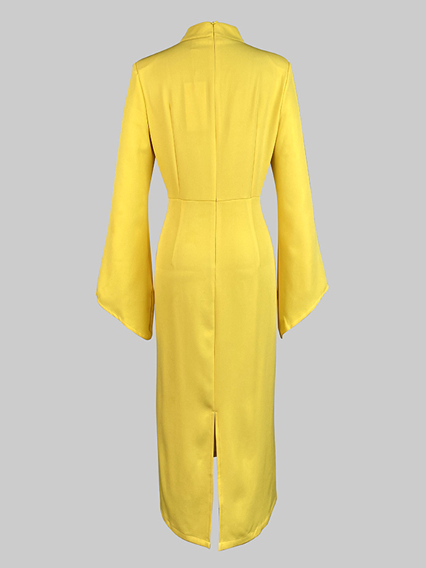 Flared Sleeves High Waisted Buttoned Solid Color Mock Neck Midi Dresses