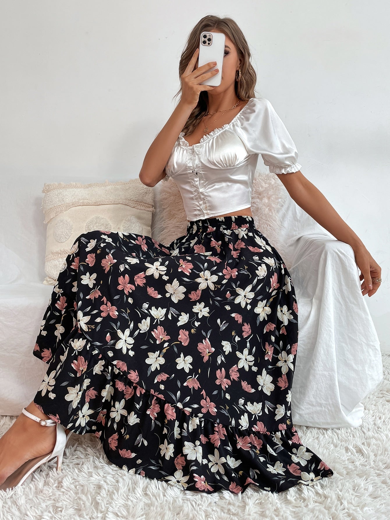 Allover Floral Print Ruffle Hem Skirt