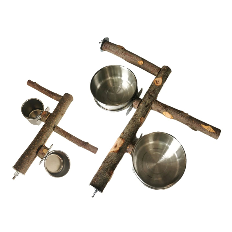 Bird Perch Tree Wood Stand With Stainless Steel Feeding Cups
