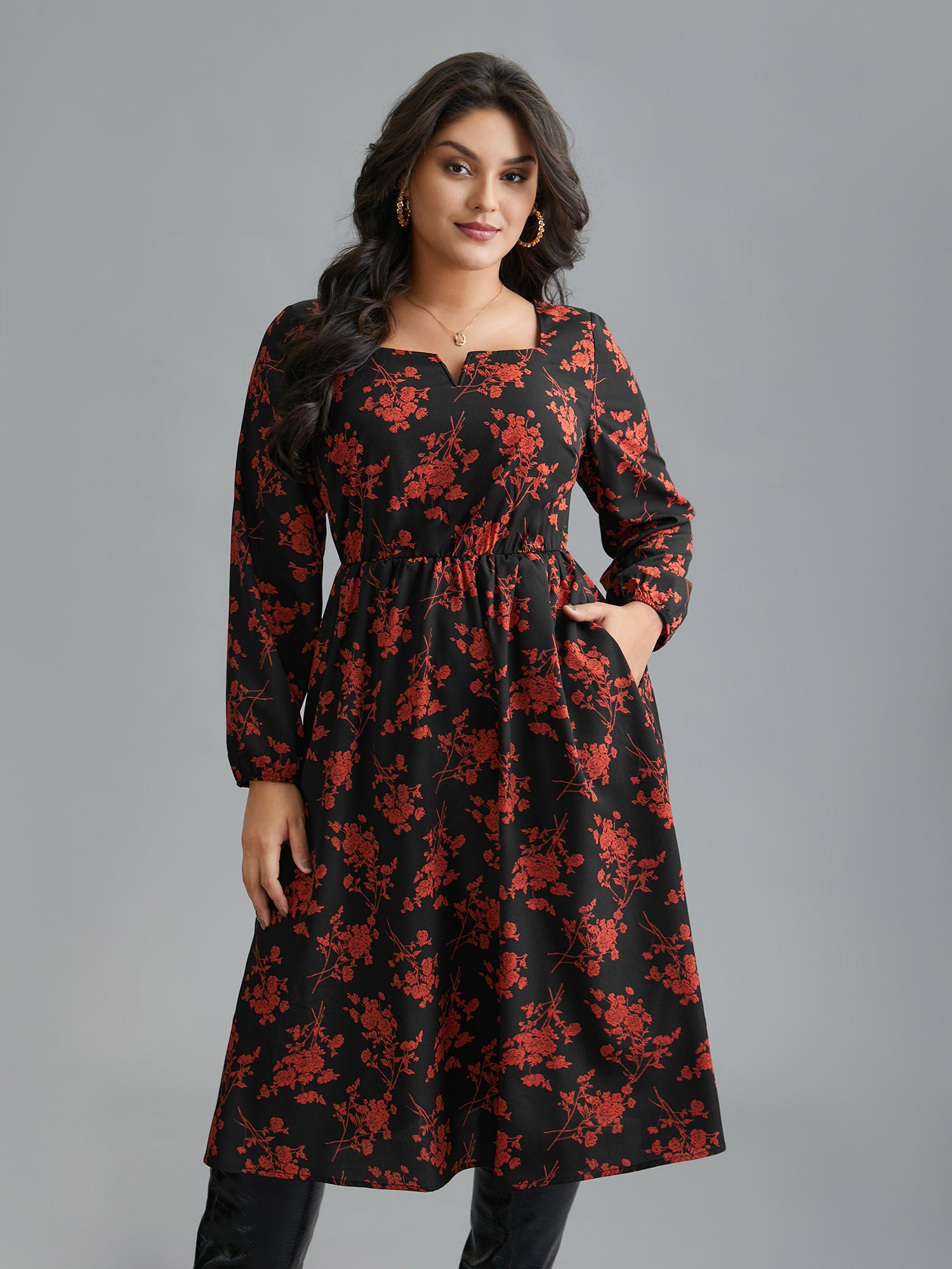 Silhouette Floral Print Notched Dress