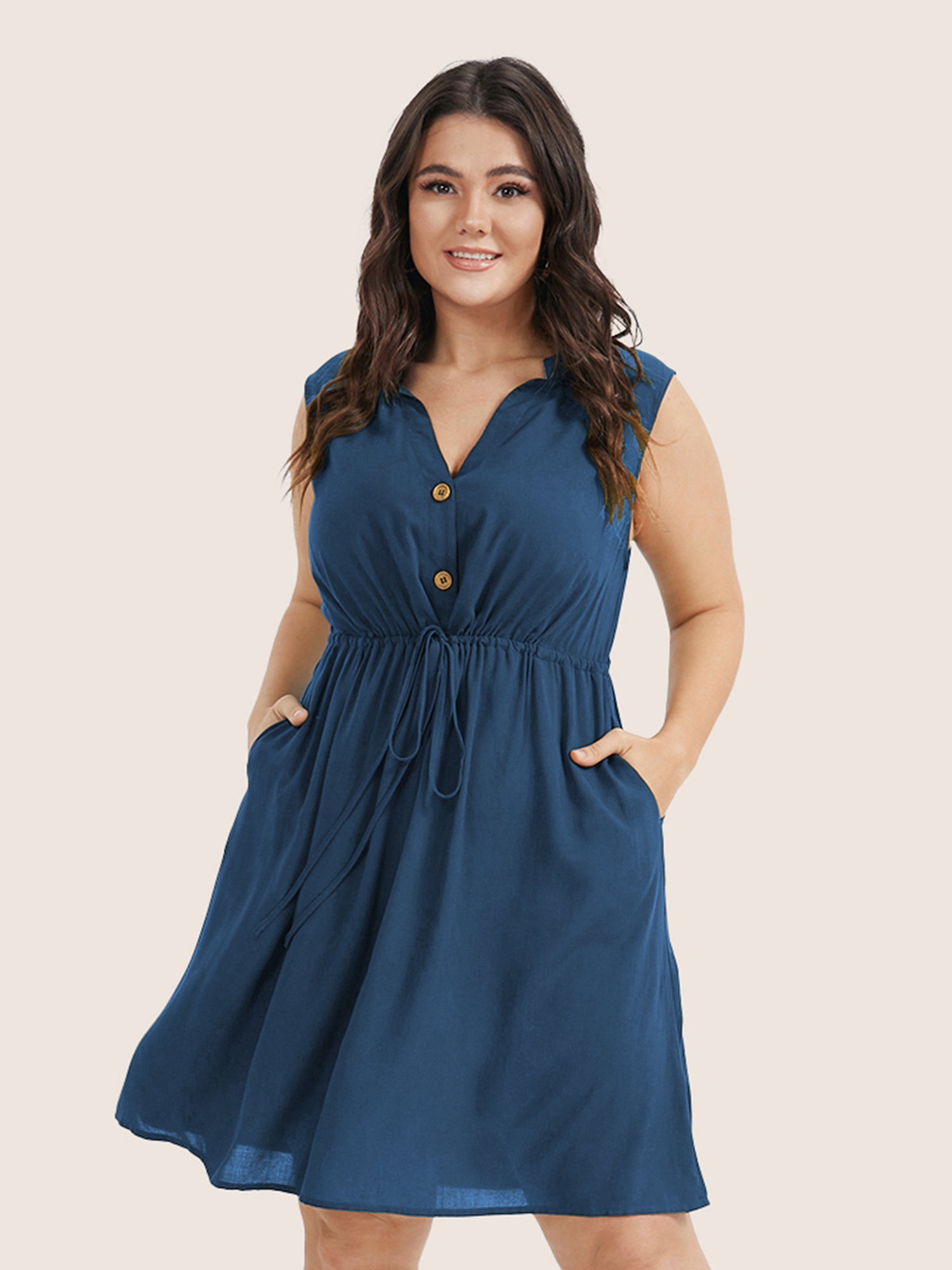 Plain Ties Front Button Pocket V Neck Dress