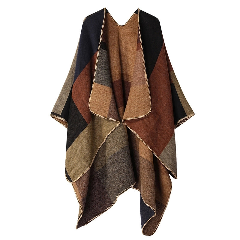 Winter Cashmere Double-sided Plaid Shawl Women's Outer Cape Increased Thickness Warm Knitted Scarf Spot