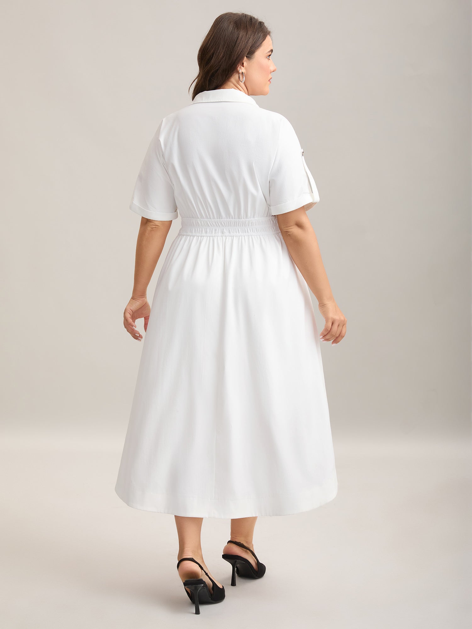 Woven Shirred Waist Solid Collar Midi Dress