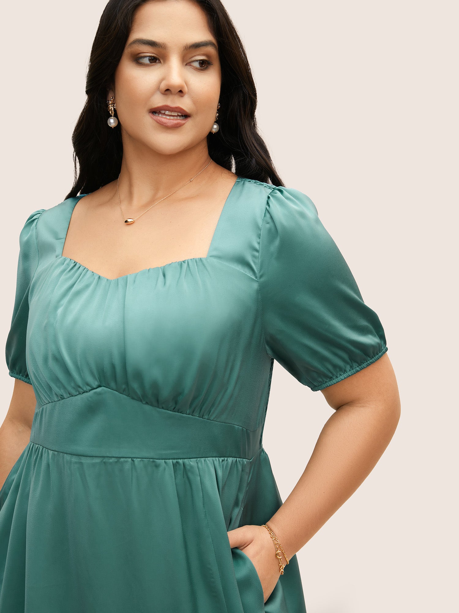 Heart Neckline Shirred Gathered Maxi Dress