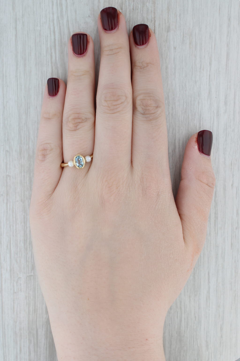 0.76ct Oval Aquamarine Cultured Pearl Ring 18k Yellow Gold Size 9