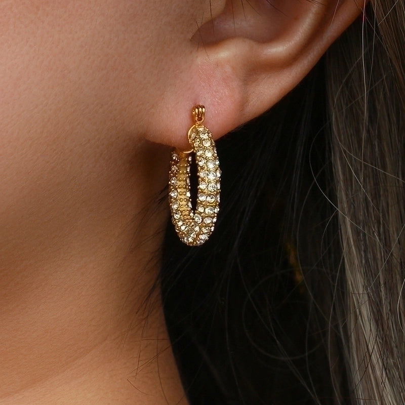 Retro Geometric Inlay 304 Stainless Steel Zircon 18K Gold Plated Earrings
