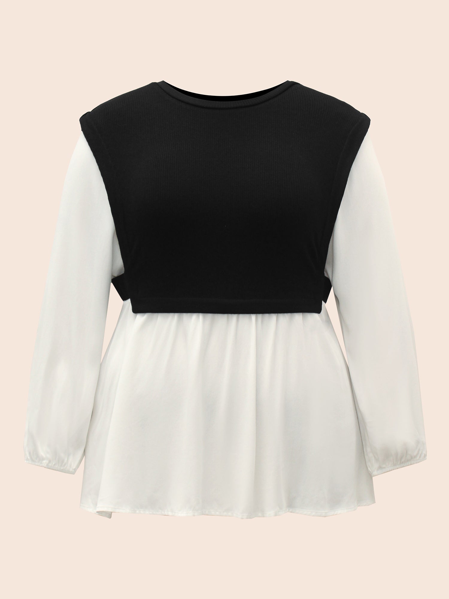 Round Neck Patchwork Contrast Gathered Blouse