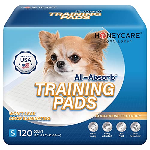 Honey Care All-Absorb. Small 17.5 x 23.5. 120 Count. Dog and Puppy Training Pads. Ultra Absorbent and Odor Eliminating. Leak-Proof 5-Layer Potty Training Pads with Quick-Dry Surface. Blue. A05