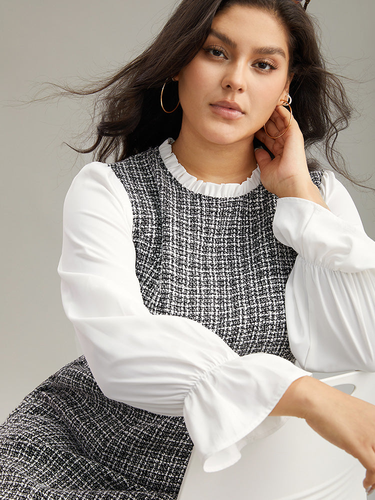 Plaid Patchwork Ruffle Trim Knee Dress