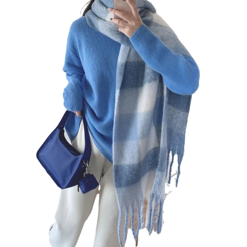 Mohair Plaid Scarf Women's Winter  Versatile Tassel Student Long Thickened Warm Scarf Large Shawl Fashion