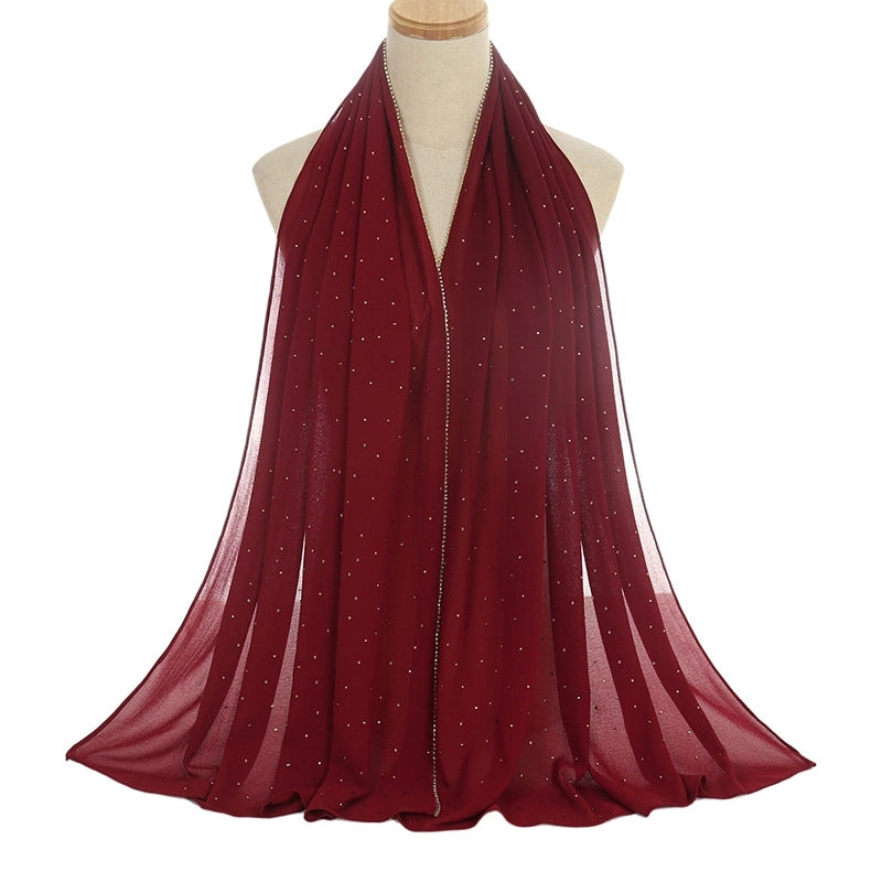 New Rhinestone Chain Pearl Chiffon Long Scarf Casual Diamond Headscarf Scarf Scarf Women's Scarf