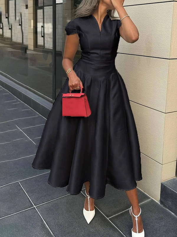 Short Sleeves Solid Color V-Neck Midi Dresses