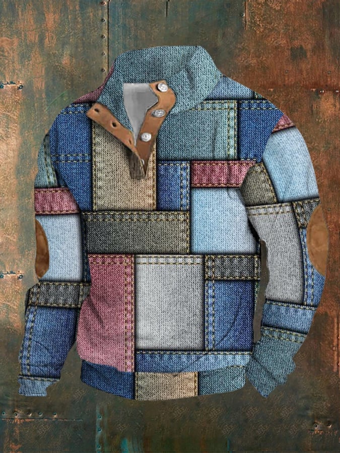 Men's Retro Plaid Printed Standing Collar Casual Sweatshirt