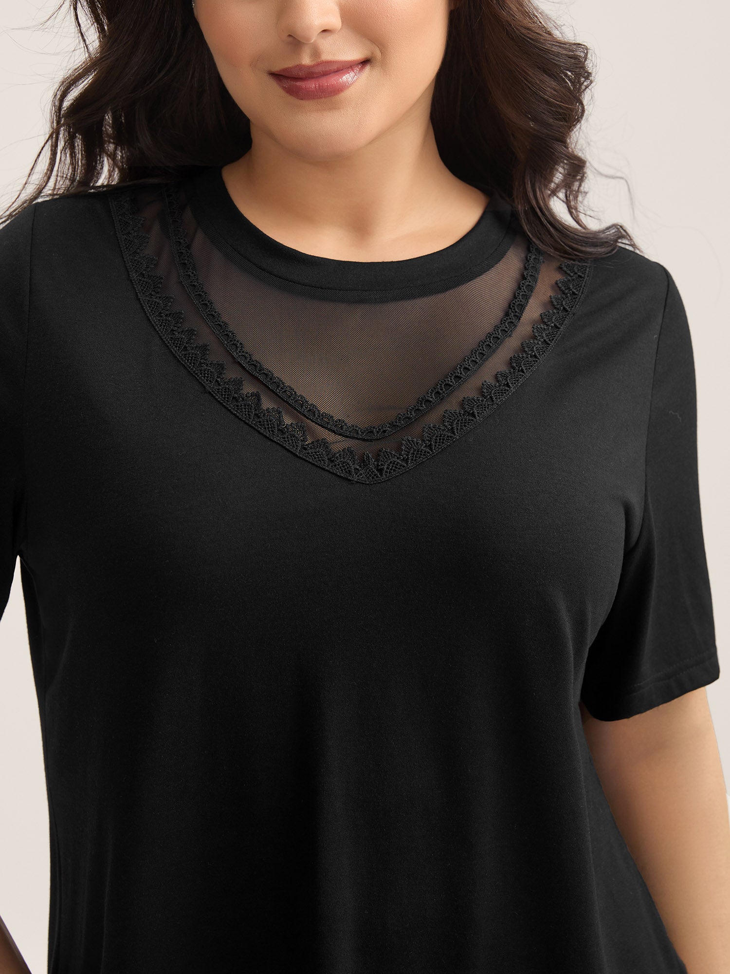 Sheer Neck Solid Panel T-Shirt