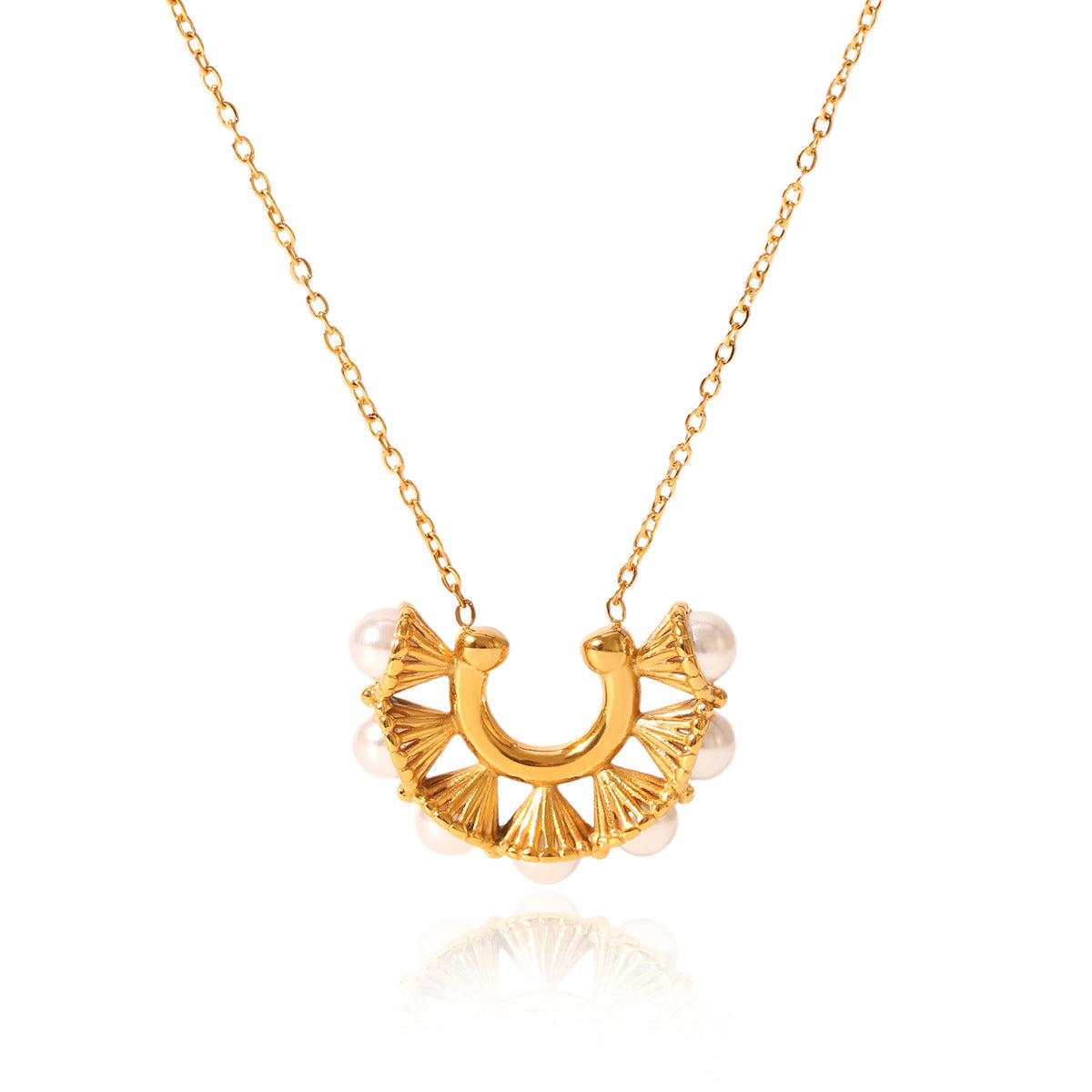 U-Shaped Stainless Steel Trumpet Flower Inlaid Pearl Pendant Necklace Female Niche Design Ins Titanium Steel Clavicle Chain Necklace
