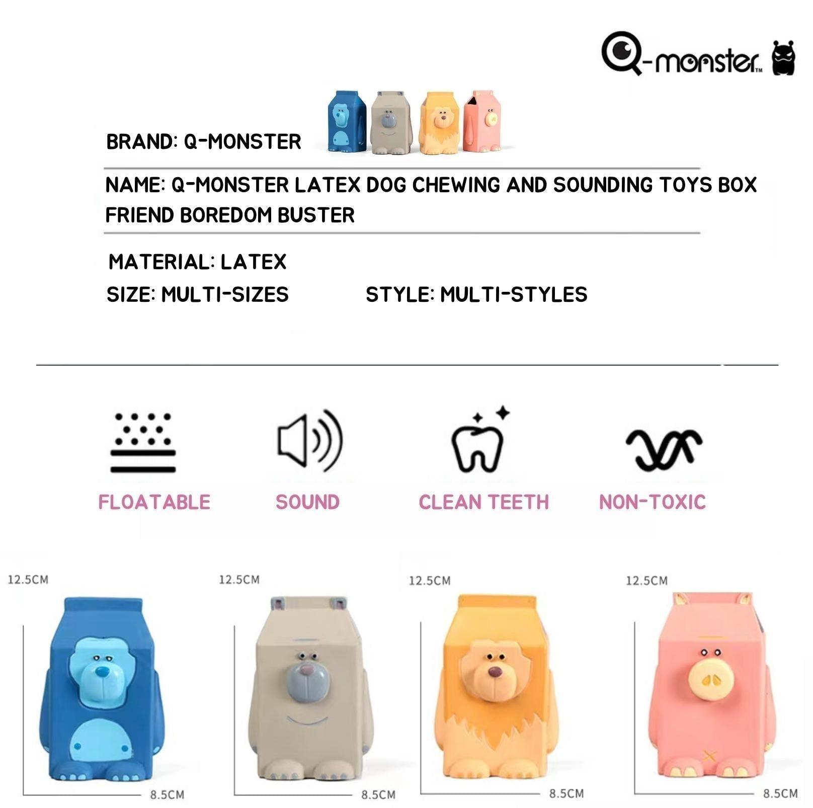 Q-Monster Latex Dog Toy Chewing and Sounding - Box Friend Boredom Buster
