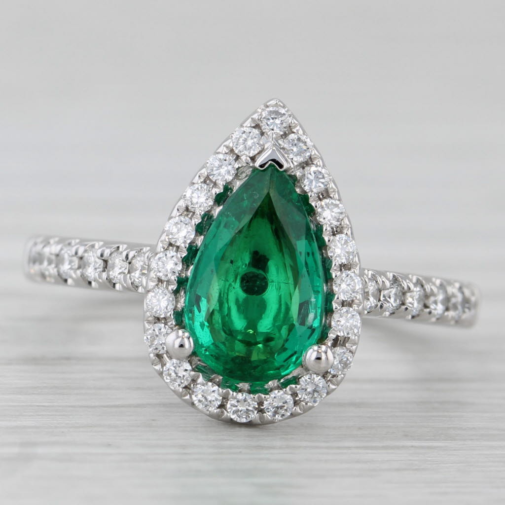 1.32ctw Emerald Diamond Halo Teardrop Ring 14k White Gold Size 6.5 Engagement