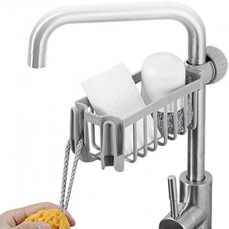 Kitchen Faucet Sponge Holder Sink Caddy Organizer Drain Rack Storage Shelf With Towel Hanger