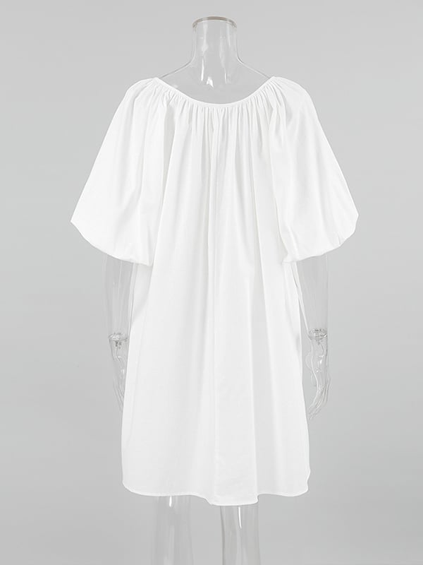 Loose Puff Sleeves Lace-Up Pleated See-Through Solid Color V-Neck Mini Dresses Sleep Dress