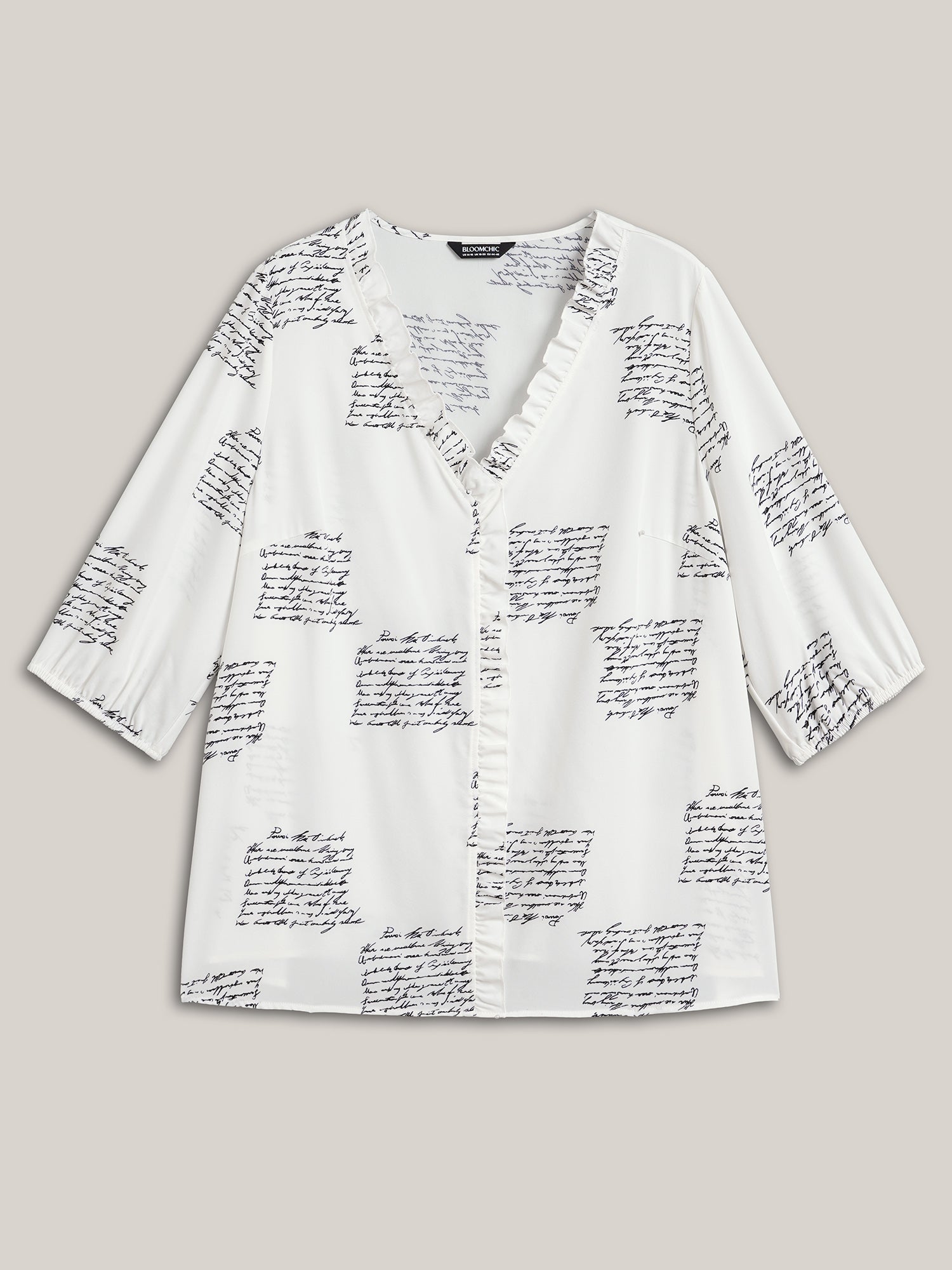 Text Pattern Ruffled Lantern Sleeve Blouse
